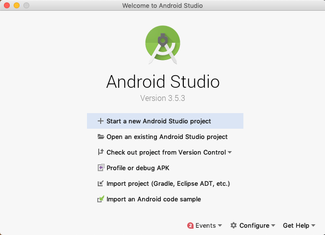 The opening screen to Android Studio