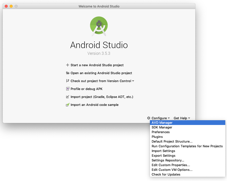 The sub-menu for configure in the Android Studio startup screen